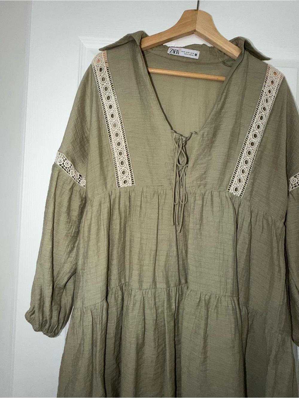 Zara Olive Green Tiered Peasant Dress with Lace Inserts - Picture 4 of 5